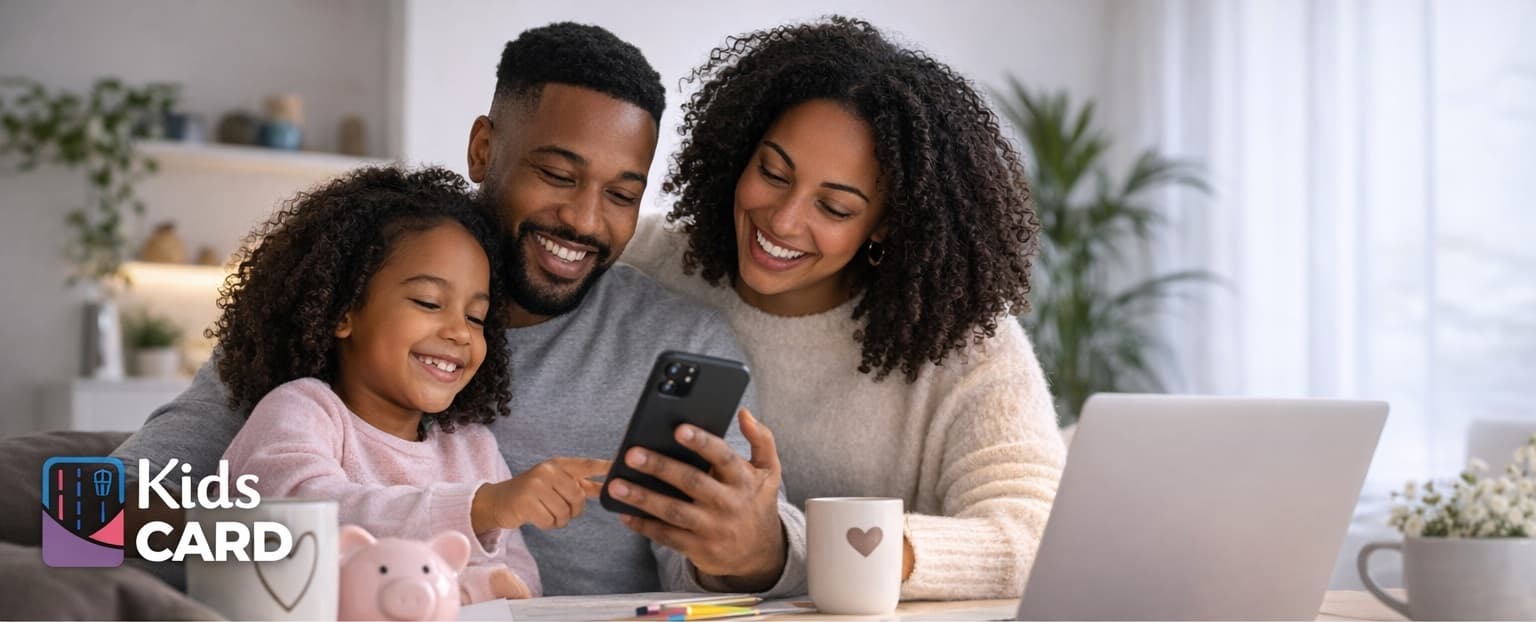Família utilizando conta digital Kids Card